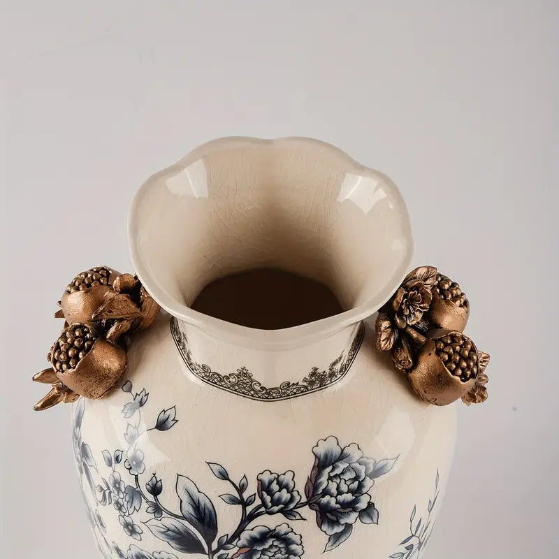 Elegant Vintage Ceramic Vase with Floral and Butterfly Design, Ice Crack Pattern