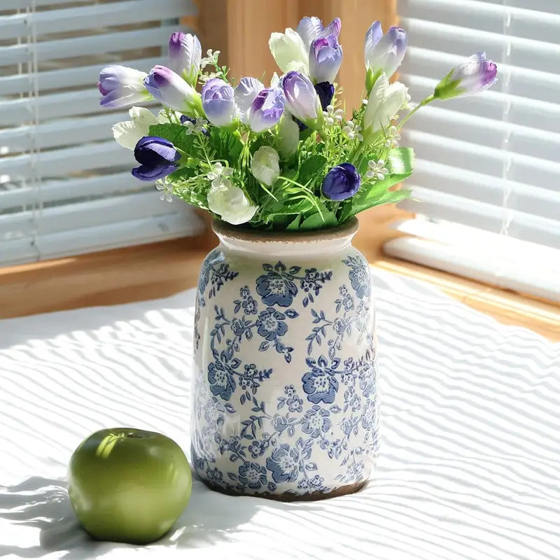 Vintage Blue and White Chinoiserie Ceramic Vase