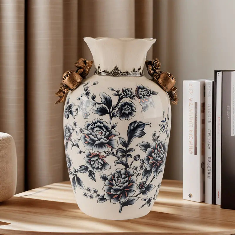Elegant Vintage Ceramic Vase with Floral and Butterfly Design, Ice Crack Pattern